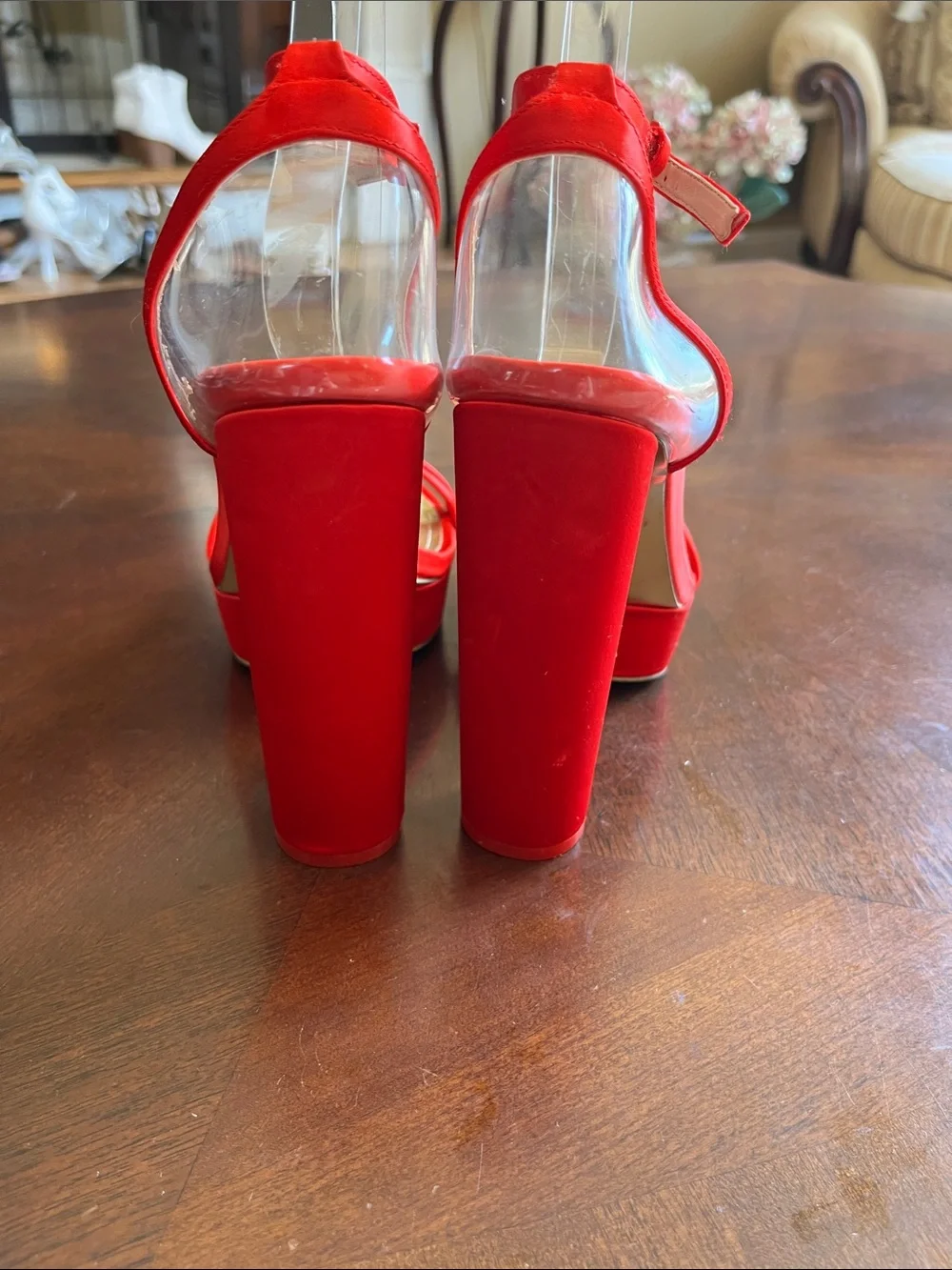 Jessica Rich Red Satin Platform Sandals with Ankle Strap